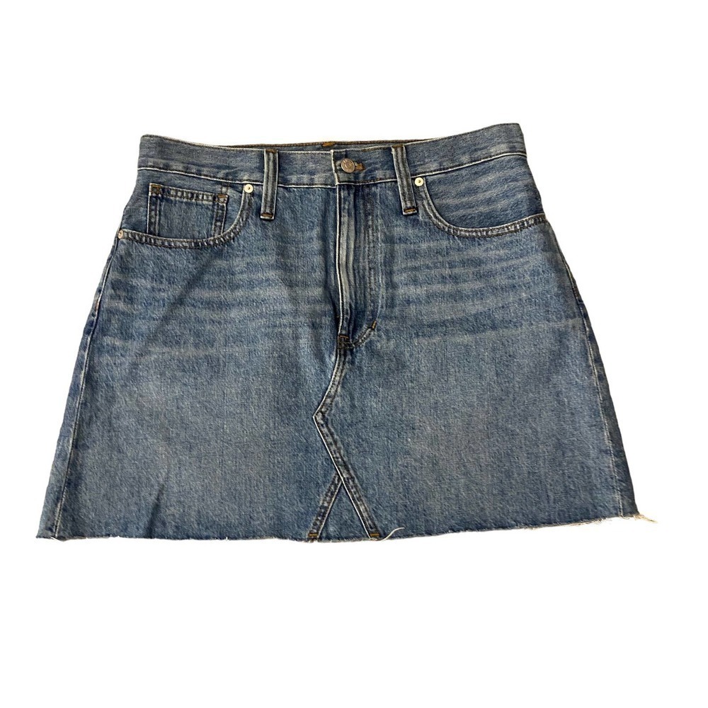 Madewell Womens Blue Rigid Denim A-Line mini Skirt Raw Hem Vintage Wash Sz 30